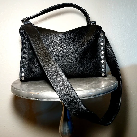 Pebbled Black Vegan Leather Studded Billet Biker Rocker Handbag Crossbody Bag - Picture 1 of 12